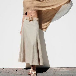 Zara linen blend midi skirt light beige Sz XL